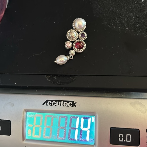 Judith Ripka marked silver genuine pearl, cz & gemstone pierced drop earrings - Picture 5 of 8